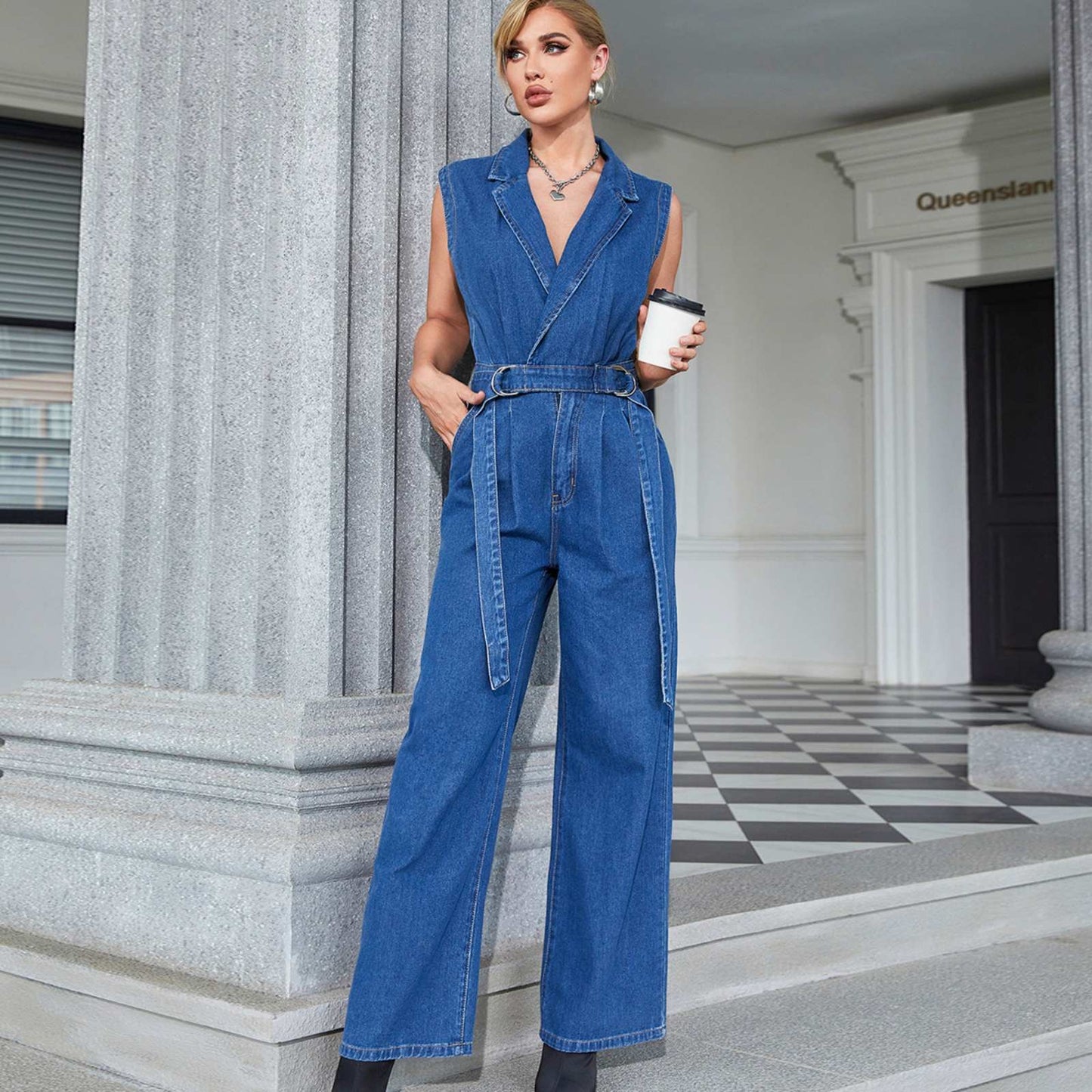 Belted Denim Sleeveless Jumpsuit