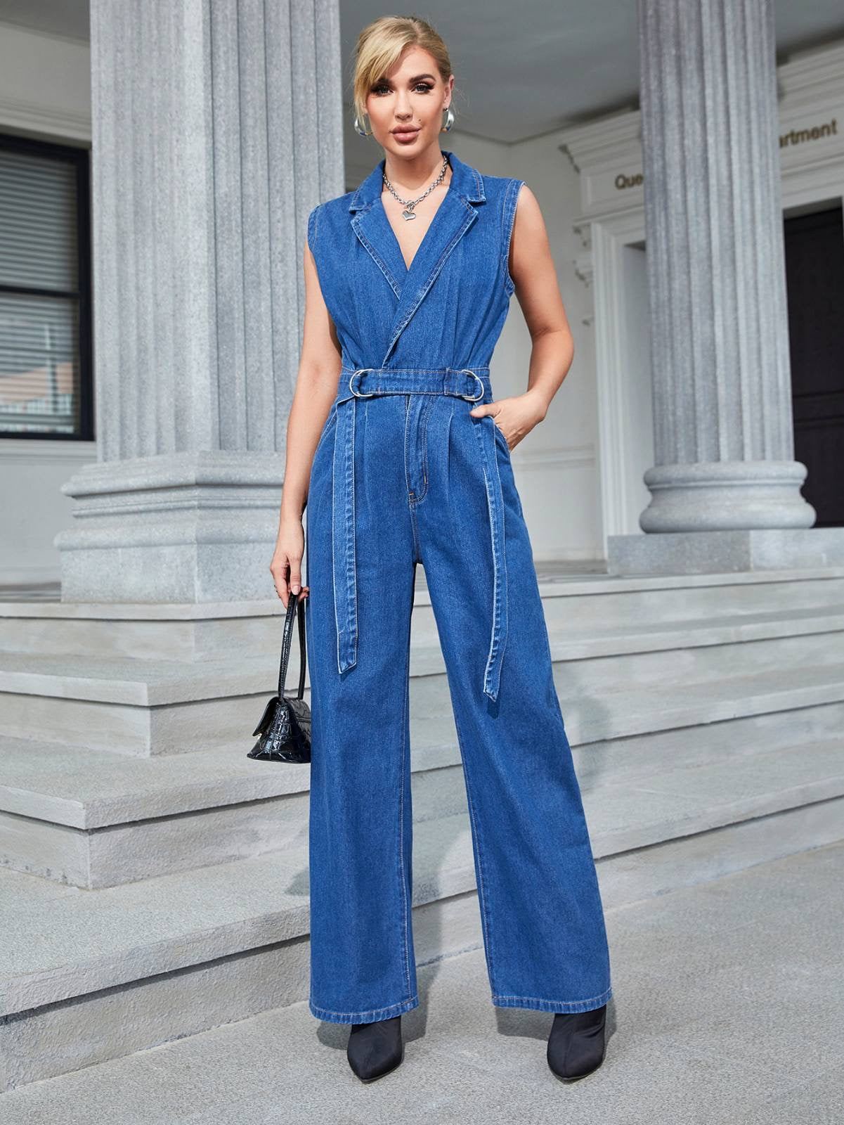 Belted Denim Sleeveless Jumpsuit