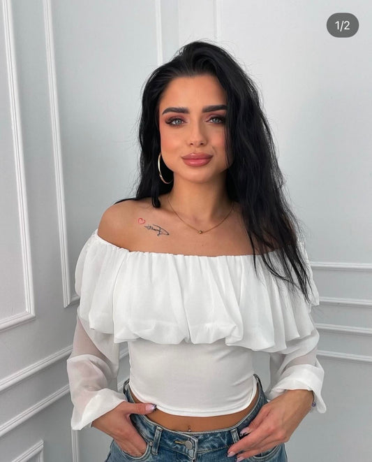 Off-Shoulder Ruffled Blouse Crop Top - Λευκό