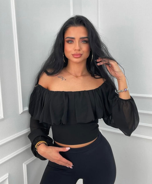 Off-Shoulder Ruffled Blouse Crop Top - Μαύρο