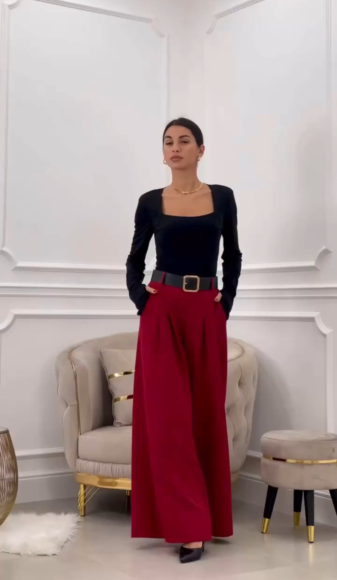 Elegance Flow Pleated Wide-Leg Pants - Red