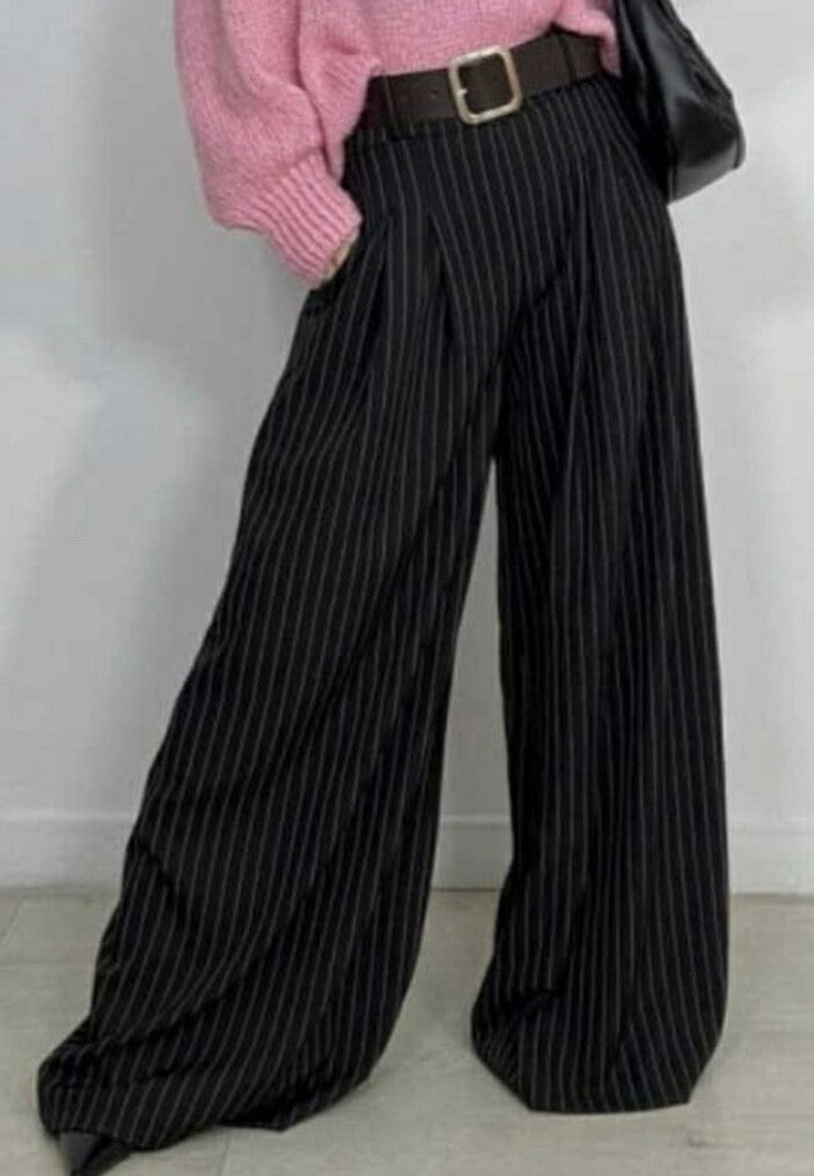 Elegance Stripe Flow Pleated Wide-Leg Pants - Μαύρο