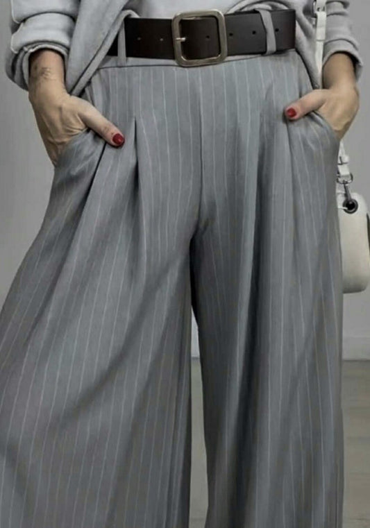 Elegance Stripe Flow Pleated Wide-Leg Pants - Γκρι