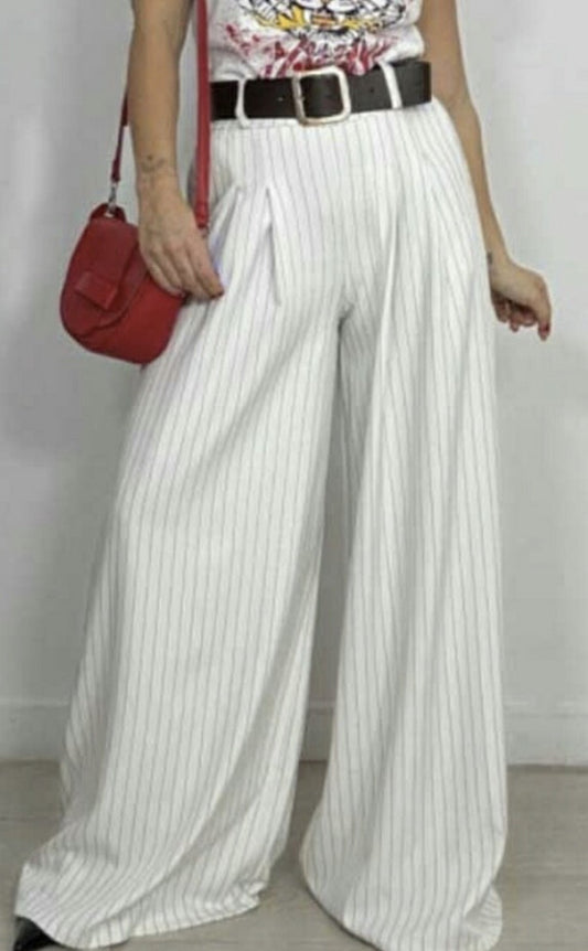 Elegance Stripe Flow Pleated Wide-Leg Pants - Λευκό