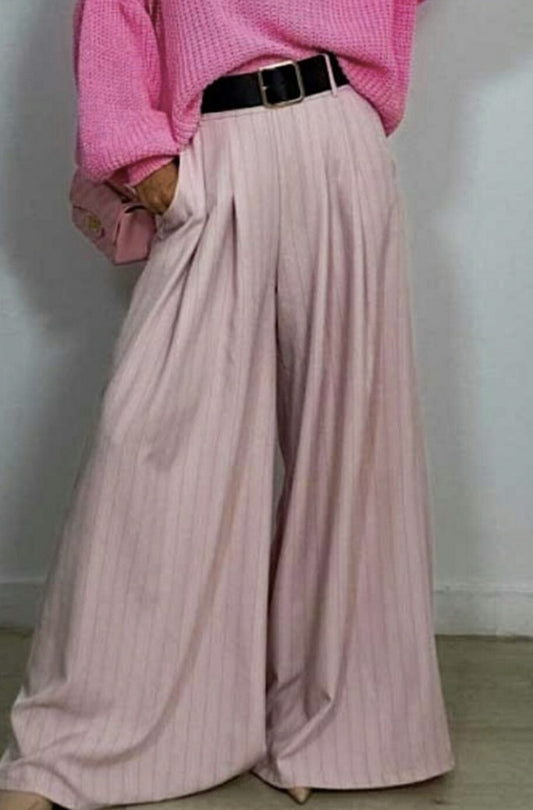 Elegance Stripe Flow Pleated Wide-Leg Pants - Ροζ