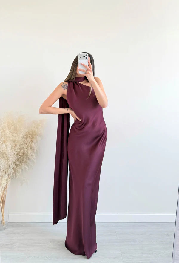 Maxi σατέν φόρεμα με scarf detail - Μπορντό