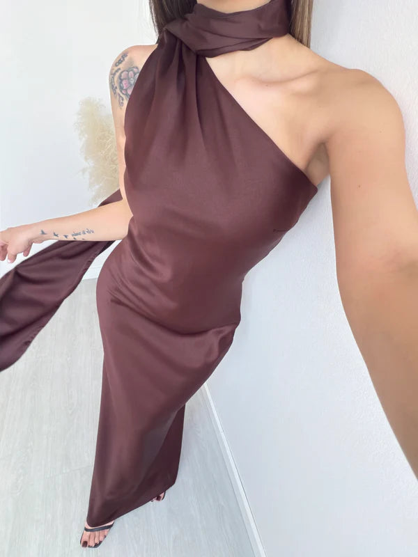 Maxi σατέν φόρεμα με scarf detail - Σοκολατί