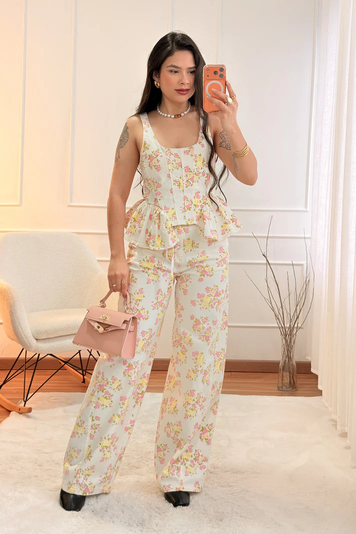 Σταθερό denim φλοράλ παντελόνι LUMINA