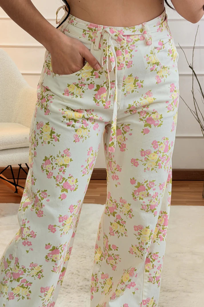 Σταθερό denim φλοράλ παντελόνι LUMINA