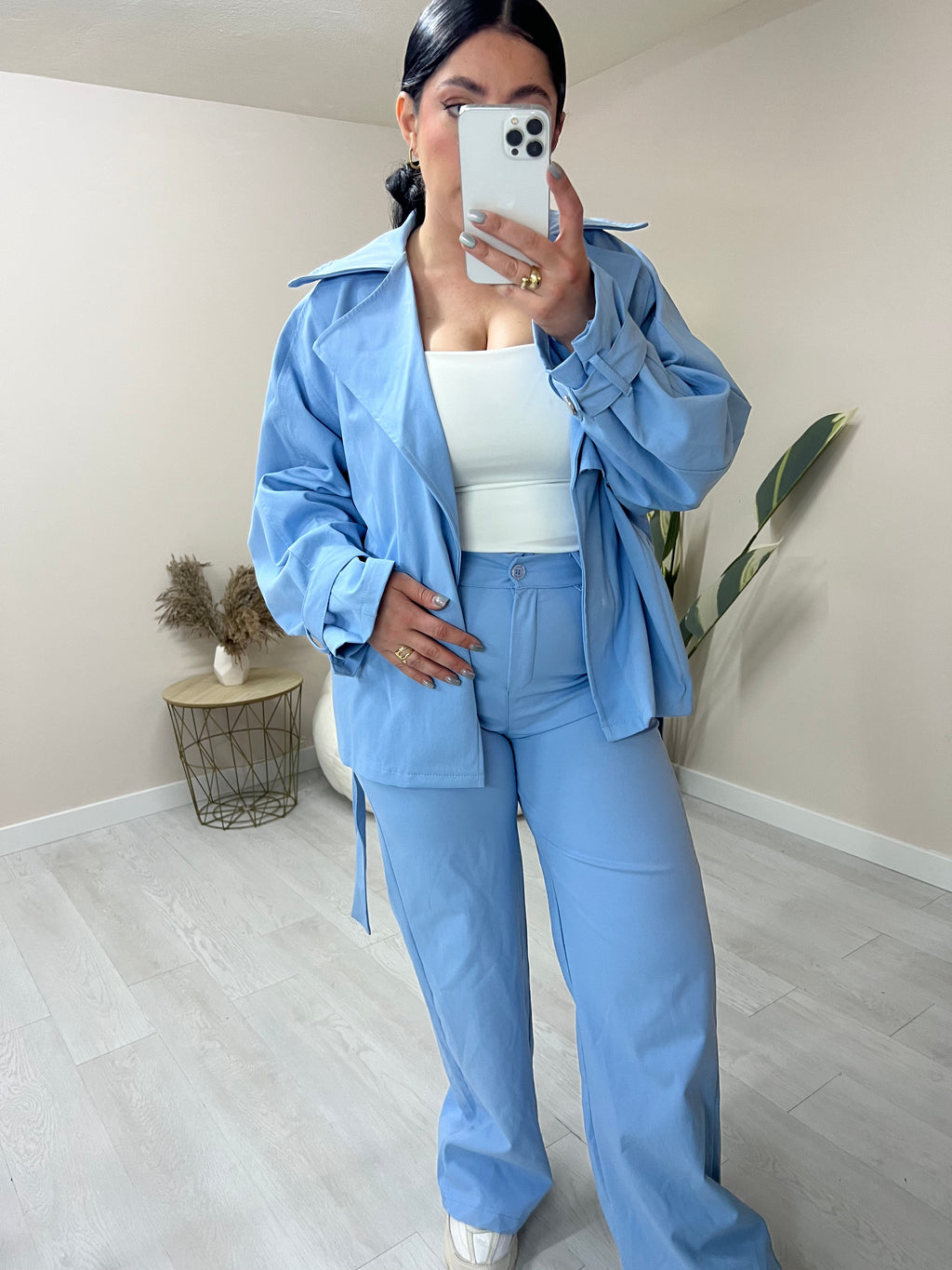 Denim καμπαρντινέ σετ σακάκι με ζώνη και παντελόνι με κουμπί - Γαλάζιο