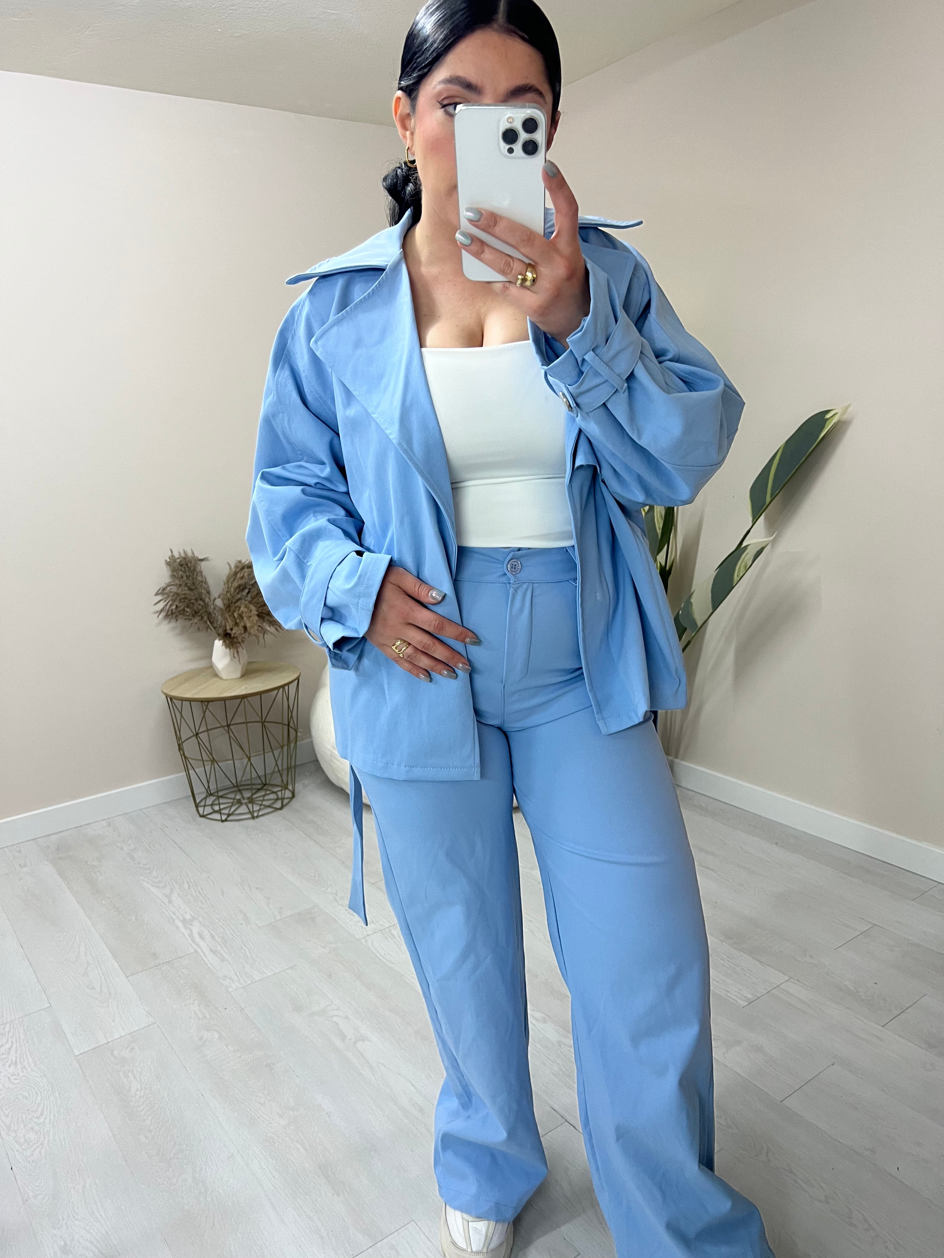 Denim καμπαρντινέ σετ σακάκι με ζώνη και παντελόνι με κουμπί - Γαλάζιο