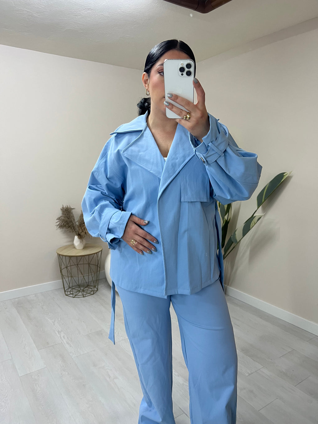 Denim καμπαρντινέ σετ σακάκι με ζώνη και παντελόνι με κουμπί - Γαλάζιο