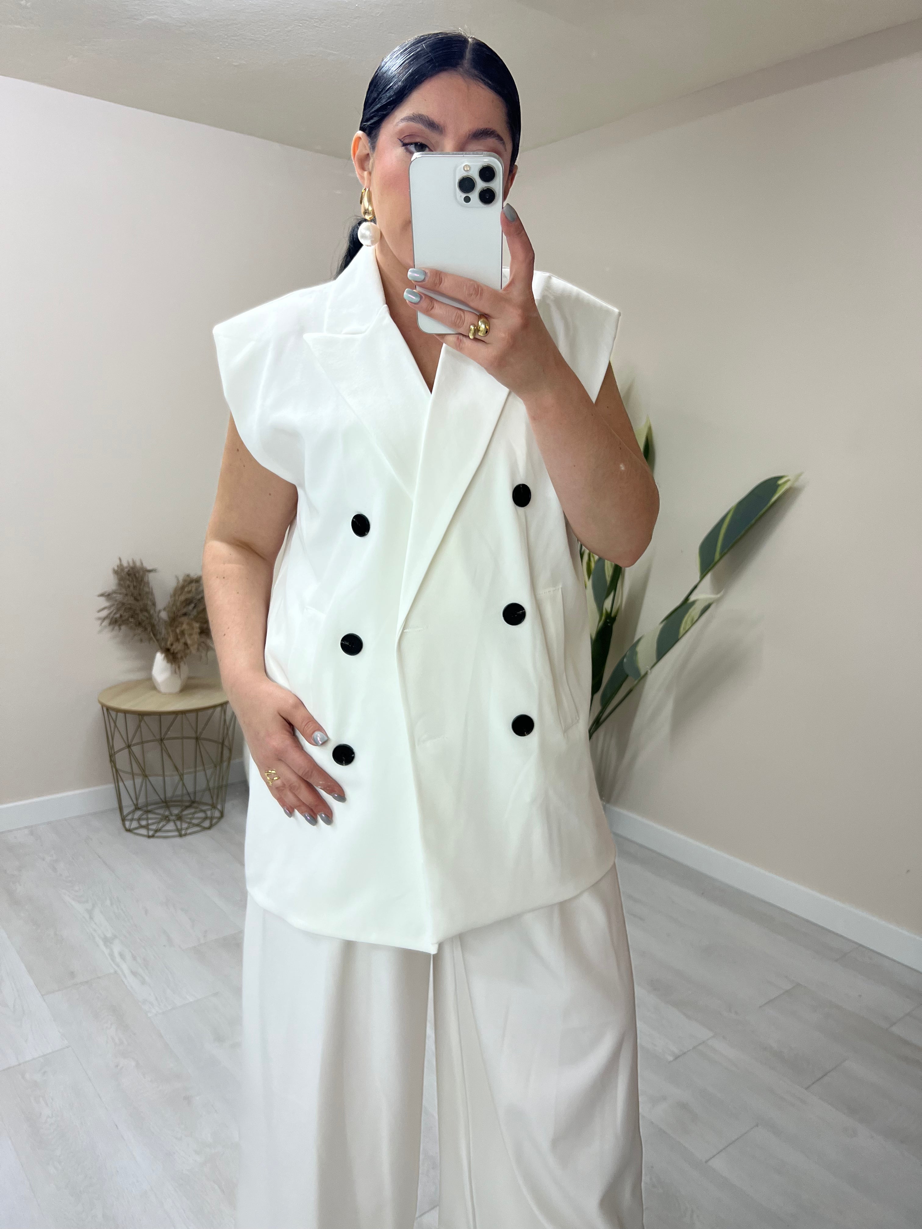 Σετ κοστούμι γιλέκο με τσέπες και παντελόνα με τσέπες - Λευκό