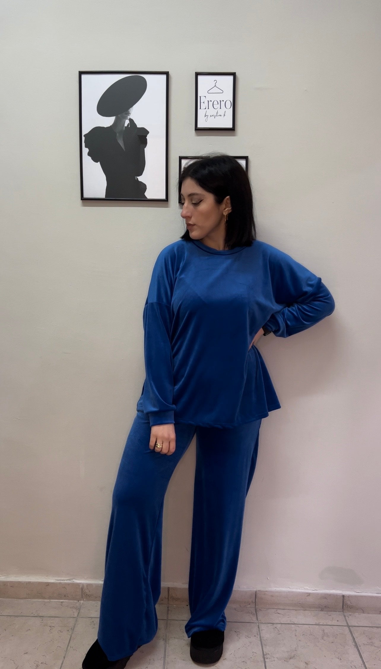 Velvet set μπλούζα και παντελόνι σε ίσια γραμμή - Μπλε Ρουά