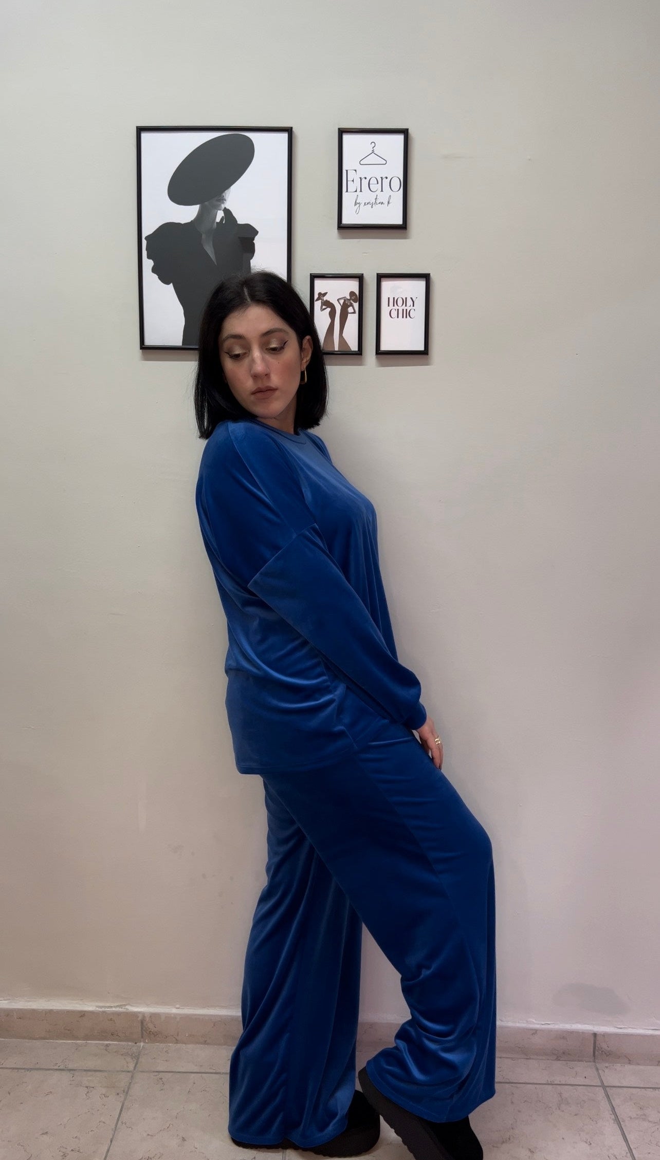 Velvet set μπλούζα και παντελόνι σε ίσια γραμμή - Μπλε Ρουά