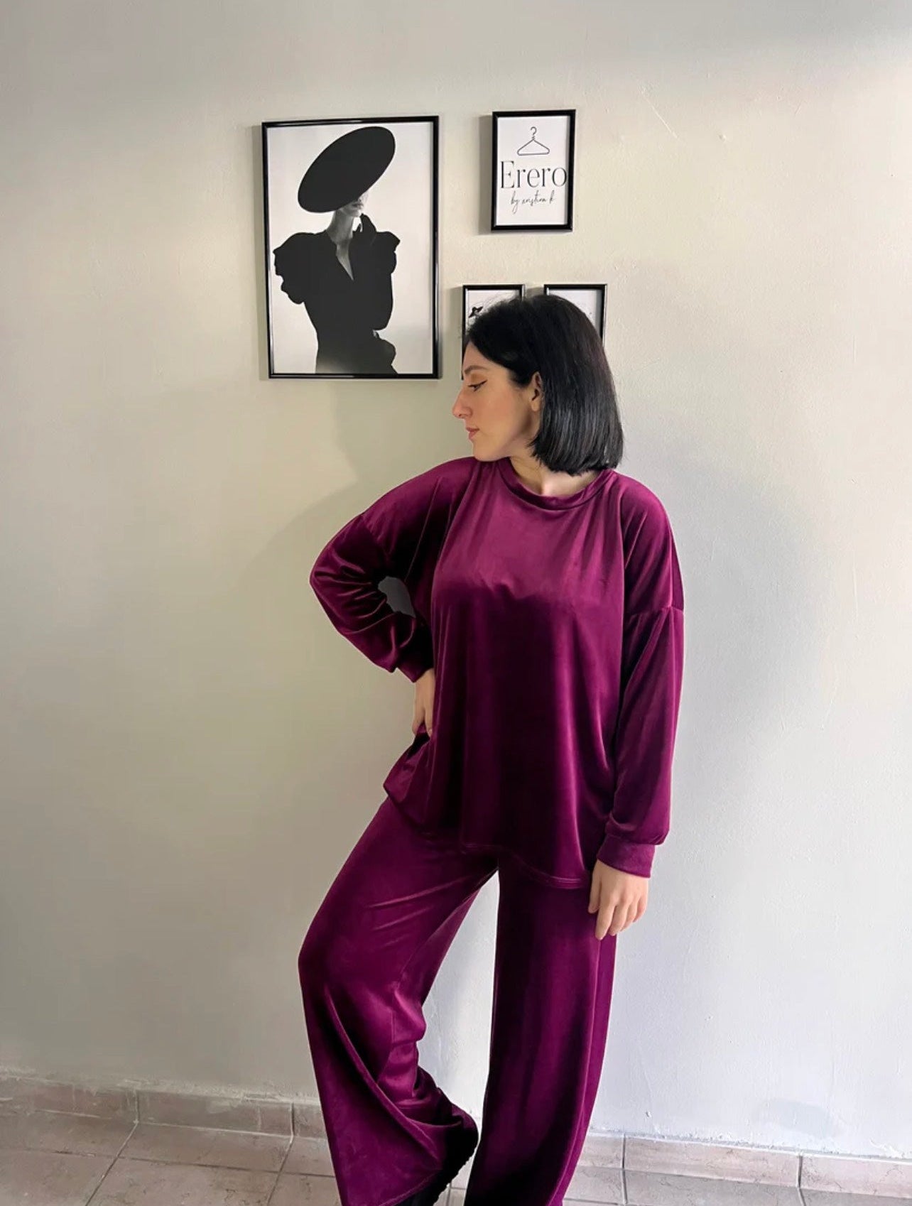 Velvet set μπλούζα και παντελόνι σε ίσια γραμμή - Μαντζέντα