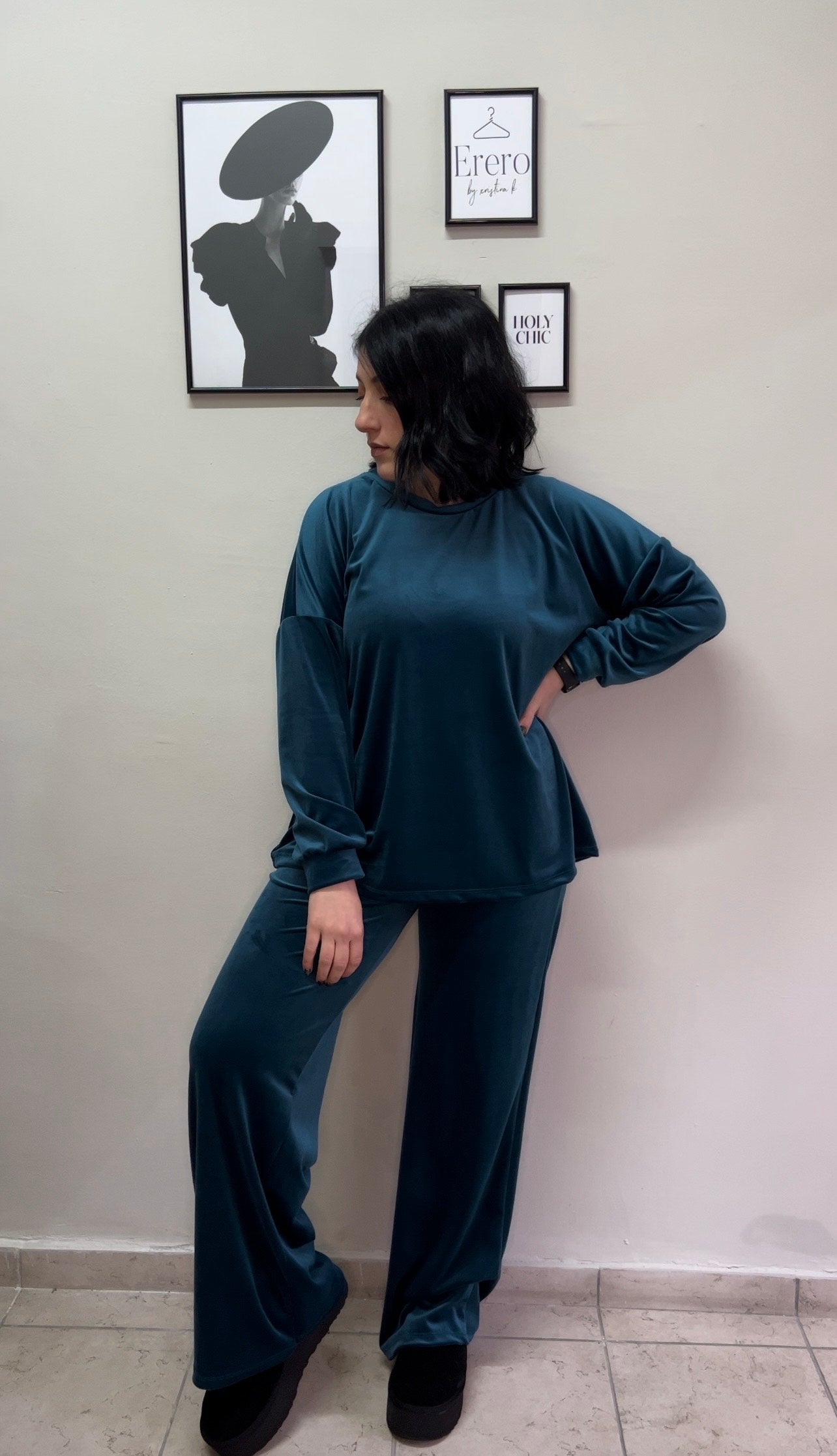 Velvet set μπλούζα και παντελόνι σε ίσια γραμμή - Μπλε Σκούρο