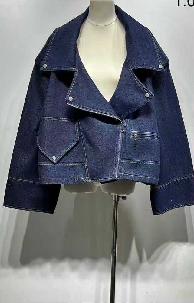 Oversized denim jacket με ασύμμετρο κλείσιμο - Σκούρο Μπλε