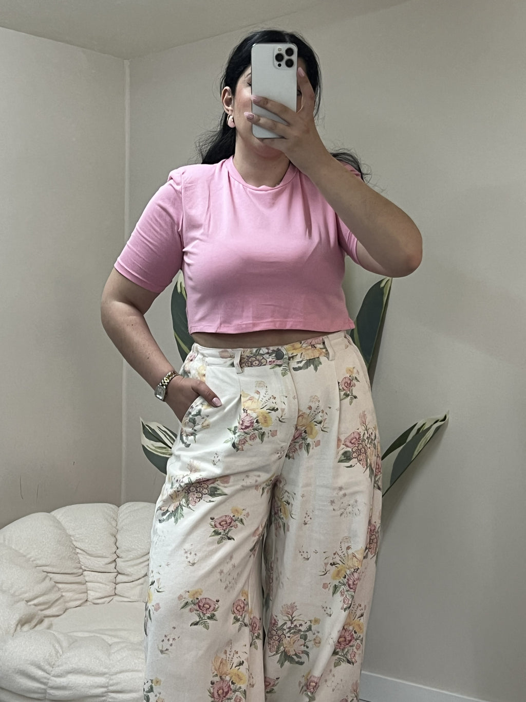 Crop top με βάτες στους ώμους - Ροζ