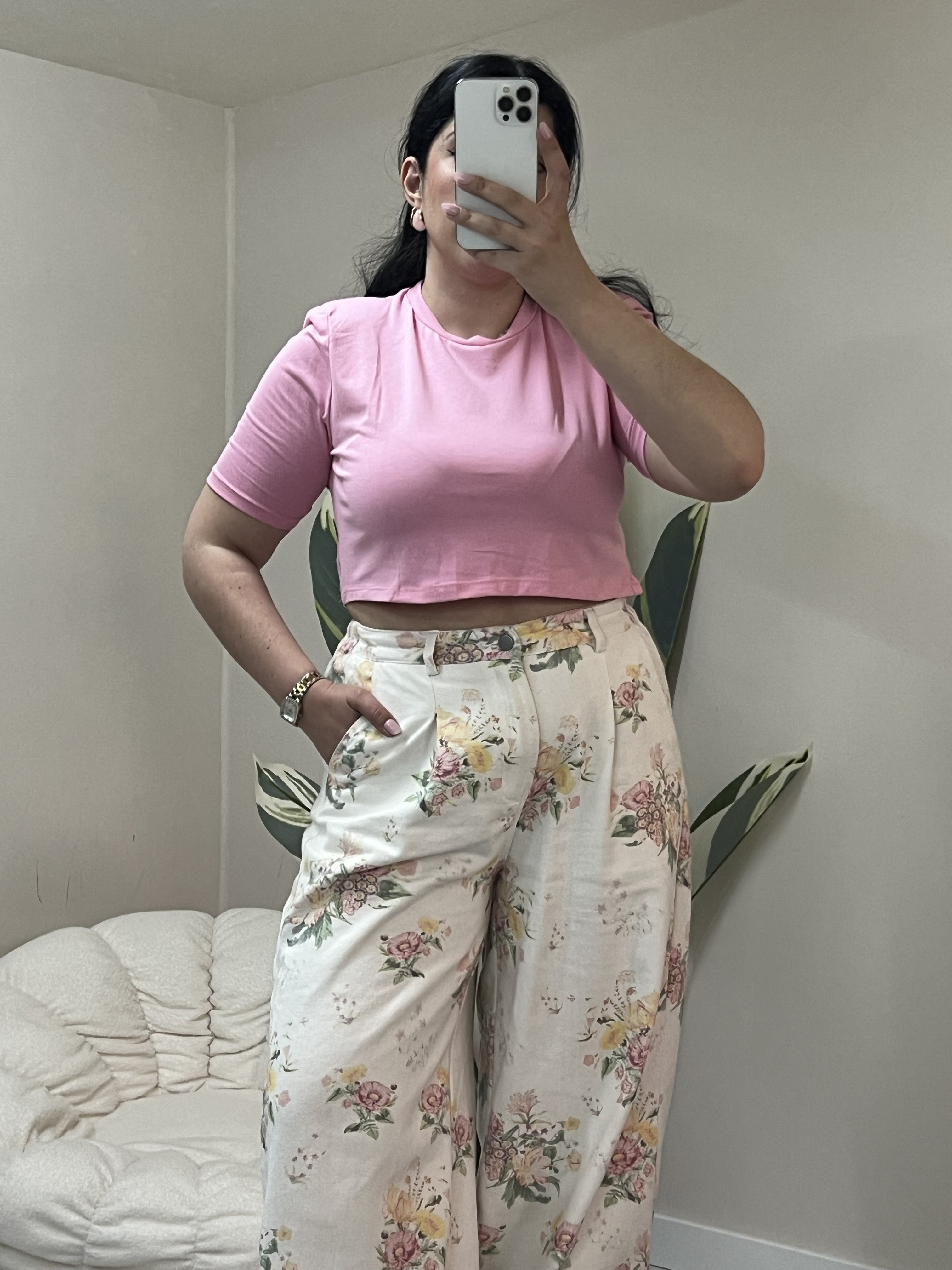 Crop top με βάτες στους ώμους - Ροζ