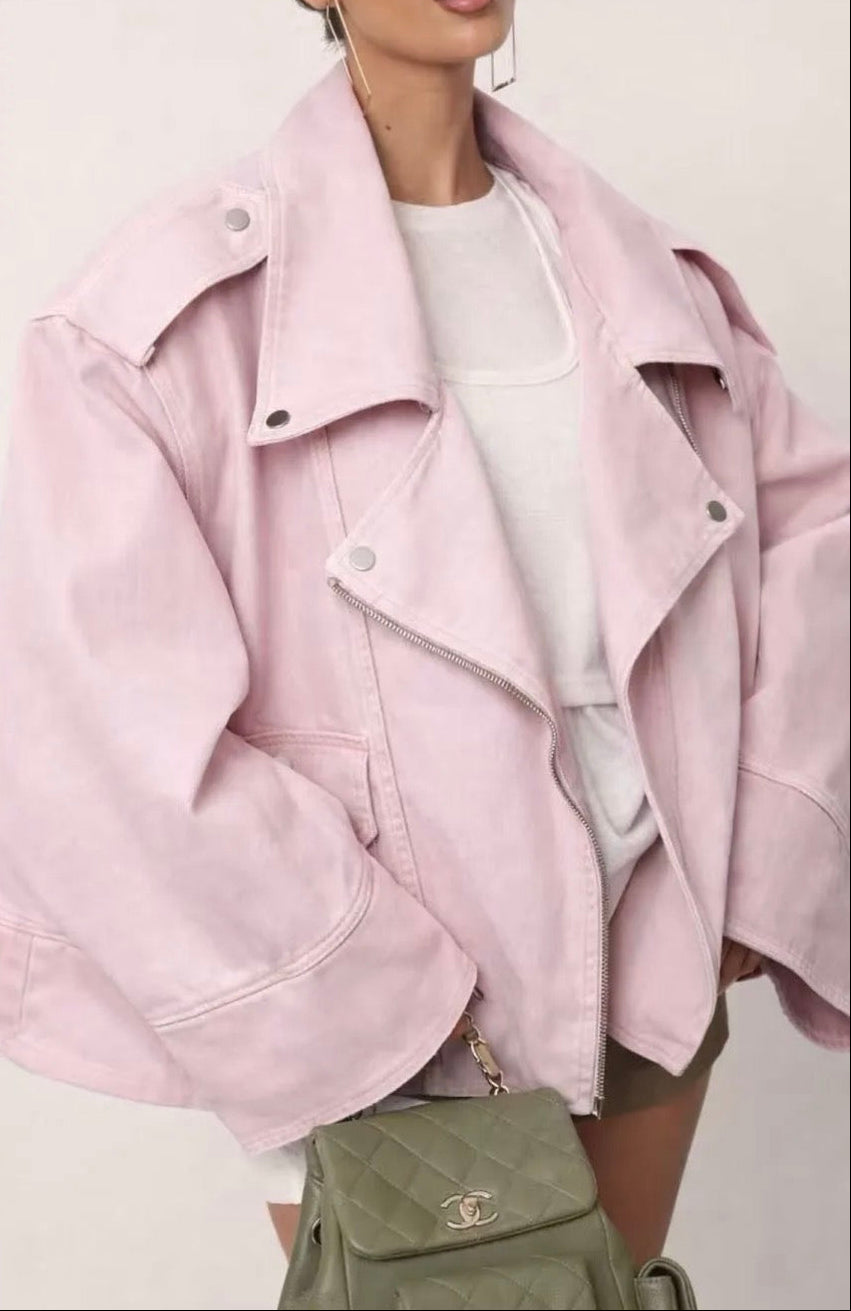 Oversized denim jacket με ασύμμετρο κλείσιμο - Ροζ