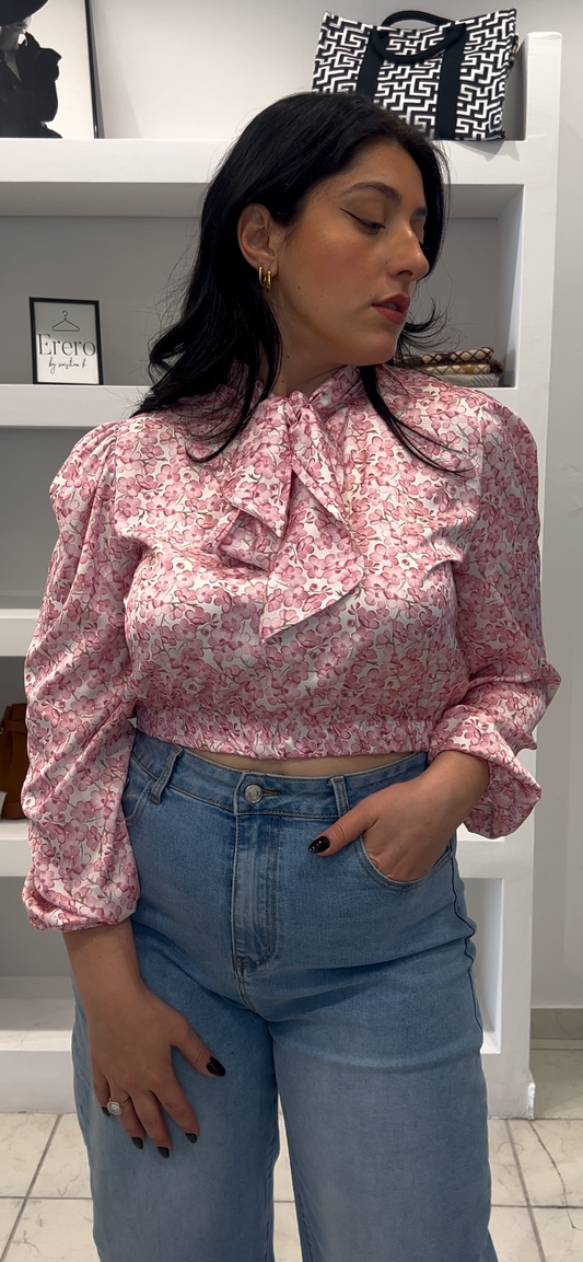 Floral Charm Bow Blouse - Ροζ με λευκή βάση