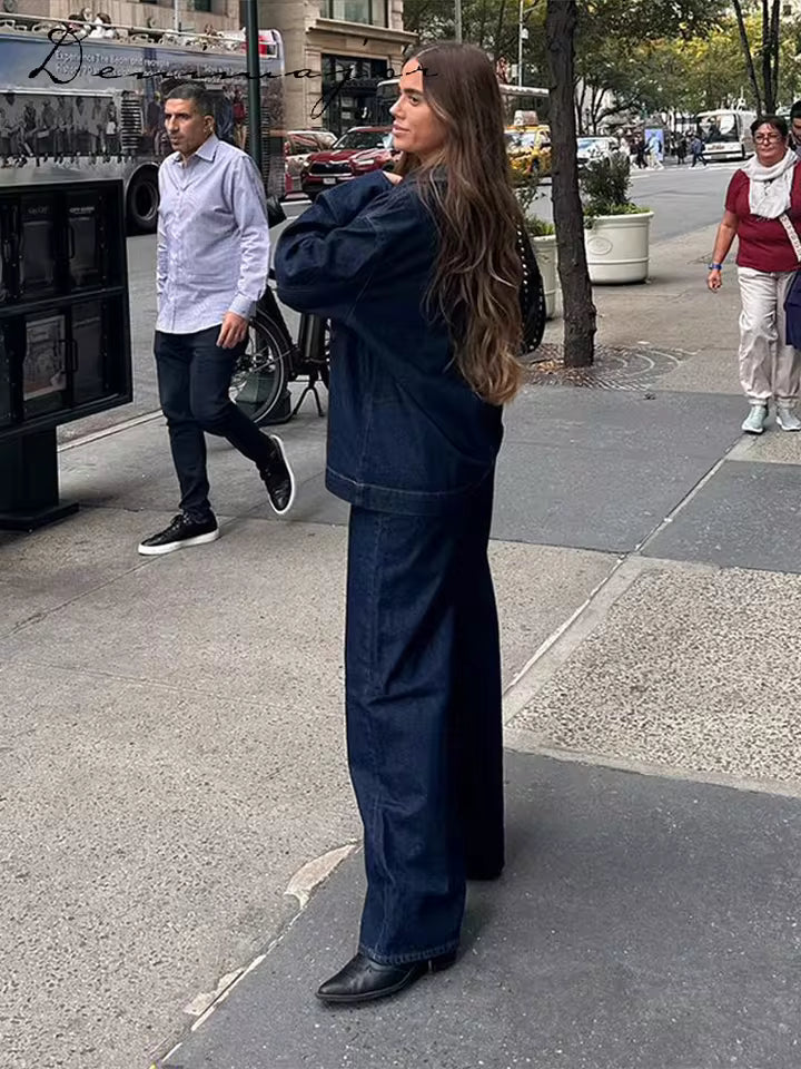 Denim set oversized μπλούζα και παντελόνι σε wide leg γραμμή