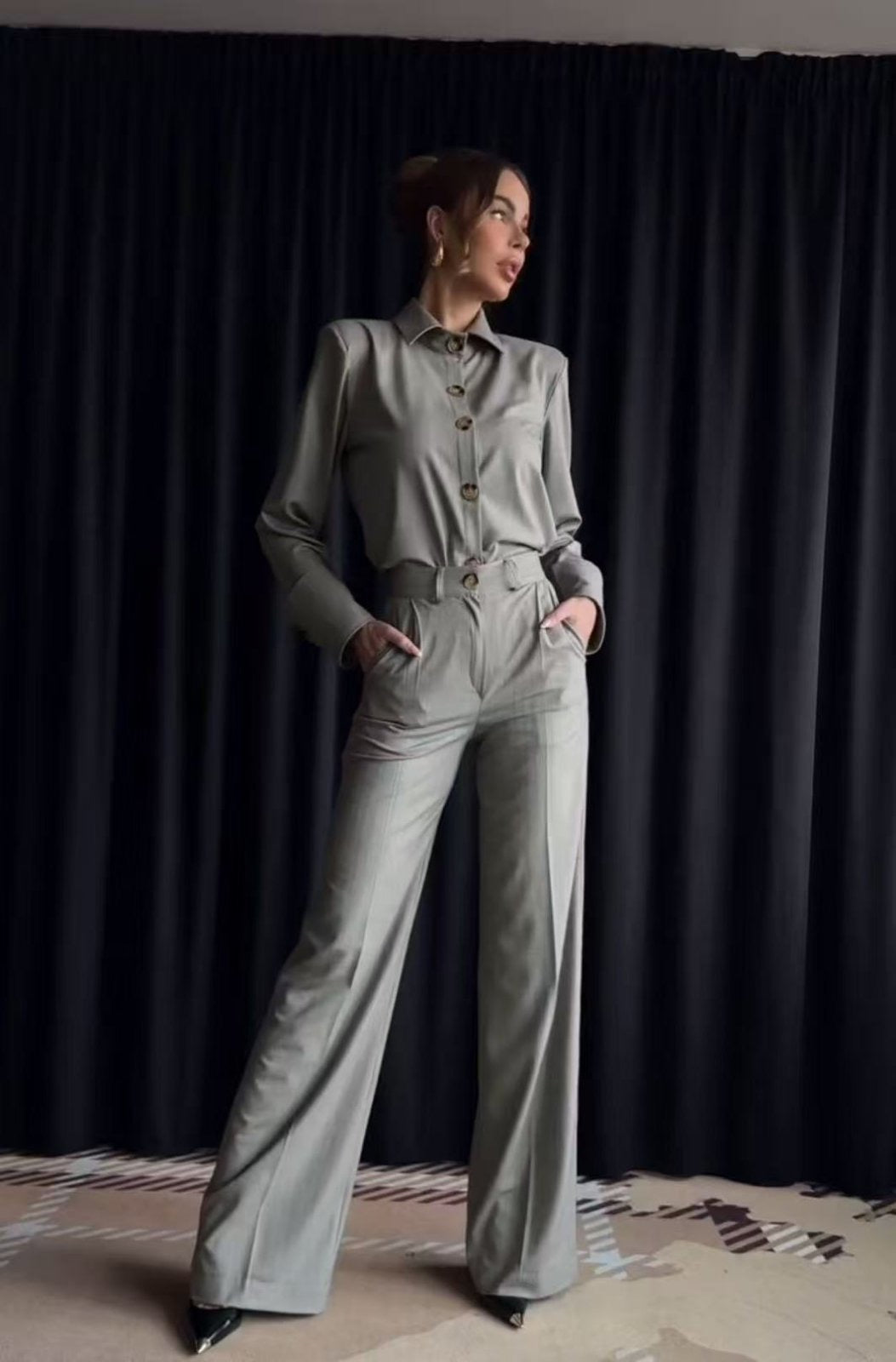 Elegant Striped Trouser Set - Γκρι Σκούρο