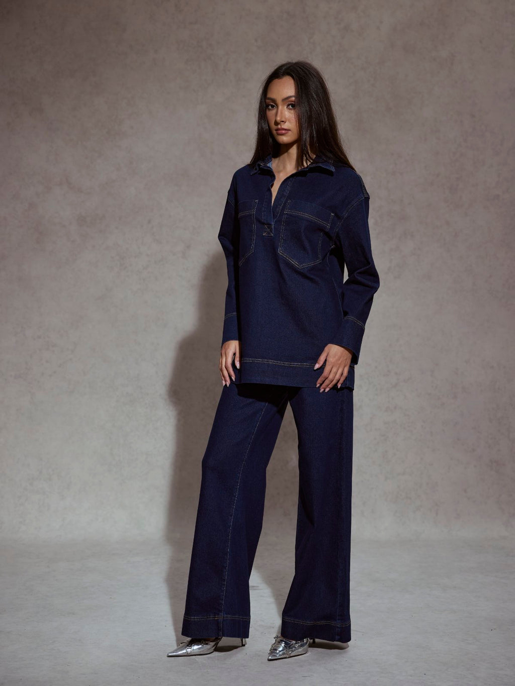 Denim set oversized μπλούζα και παντελόνι σε wide leg γραμμή