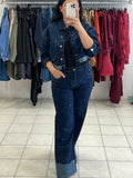 Denim strass set cropped jacket και high-waist τζιν με γυρισμένα ρεβέρ