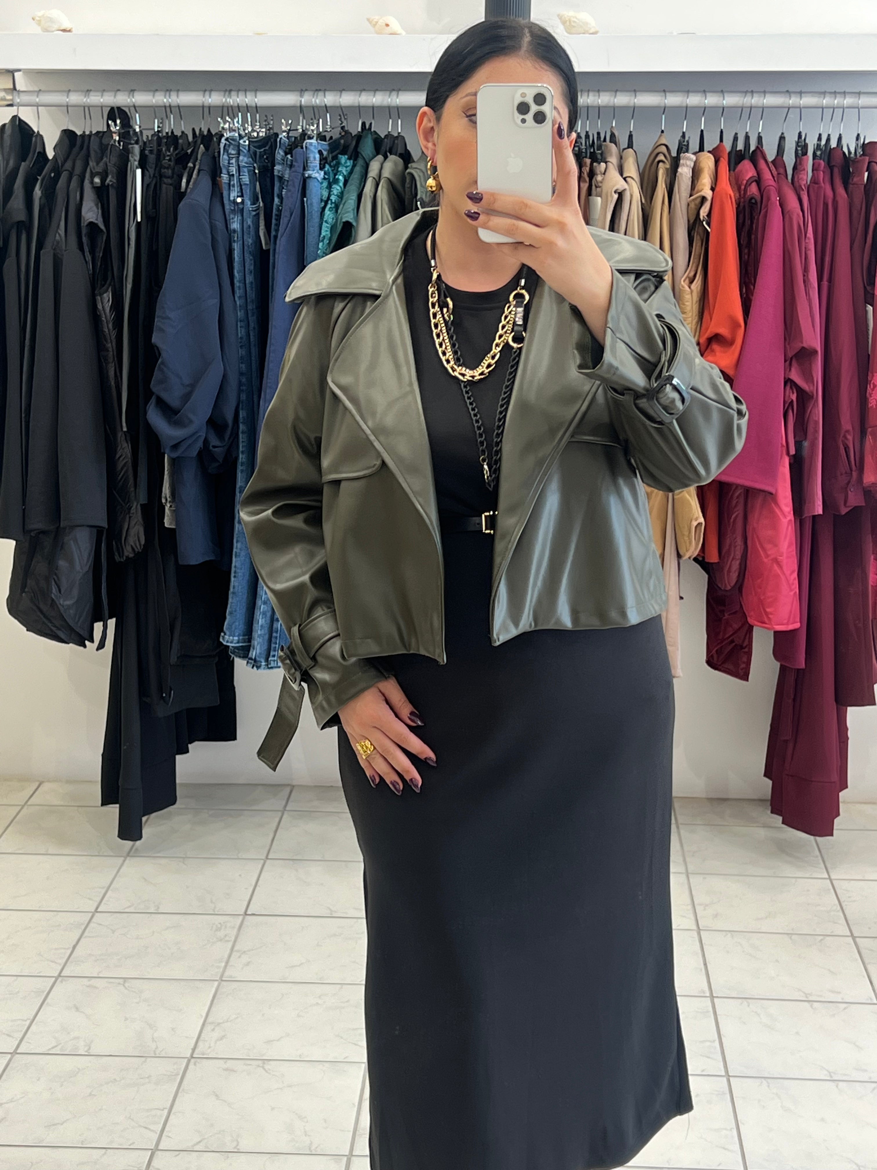 Oversized cropped δερματίνη jacket - Χακί