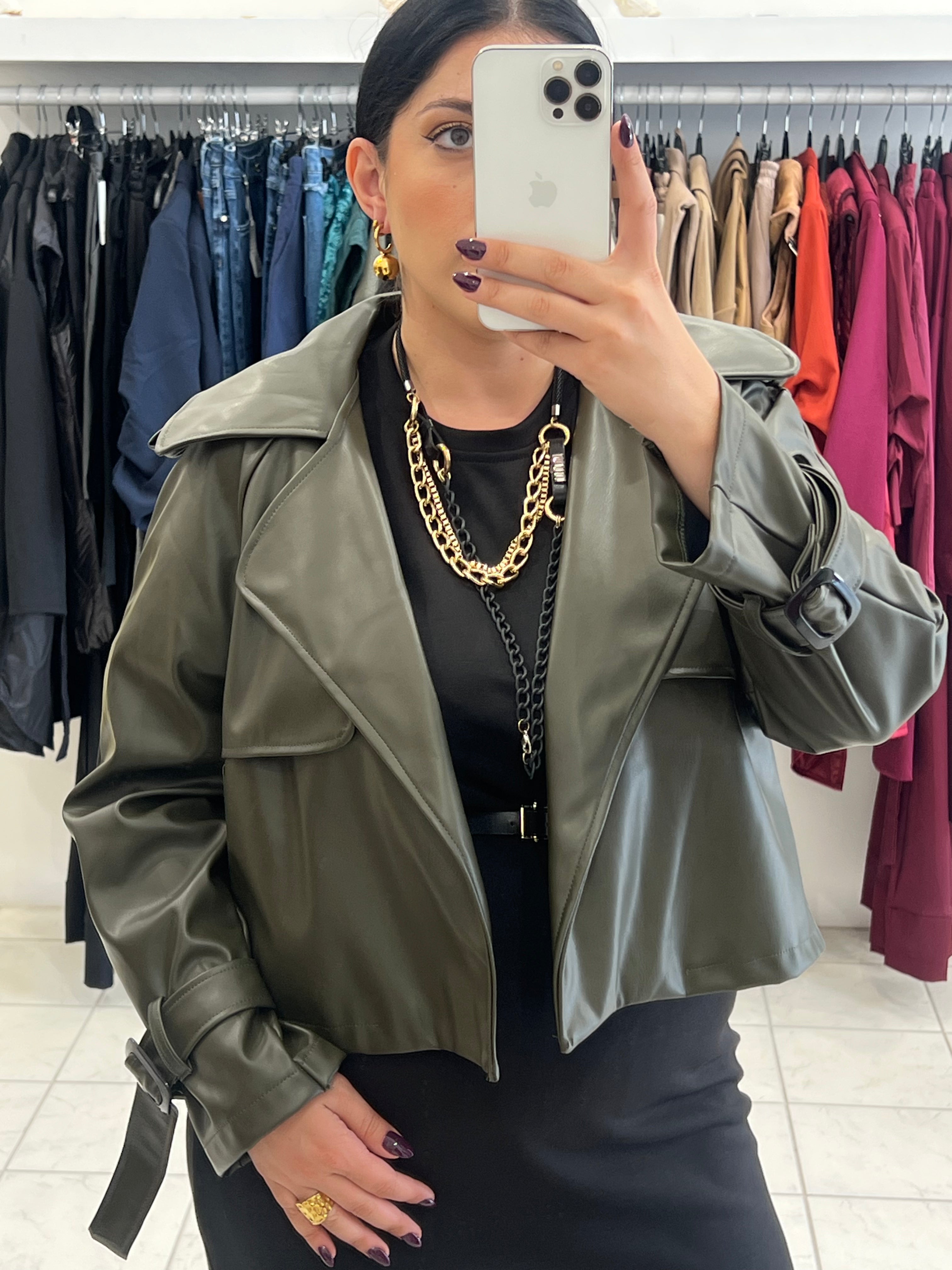 Oversized cropped δερματίνη jacket - Χακί