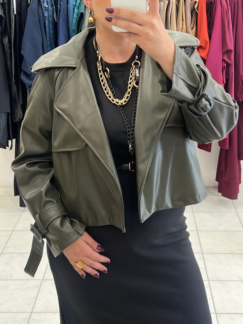 Oversized cropped δερματίνη jacket - Χακί