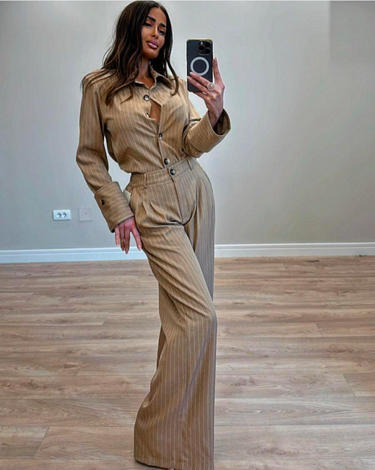 Elegant Striped Trouser Set - Μπεζ