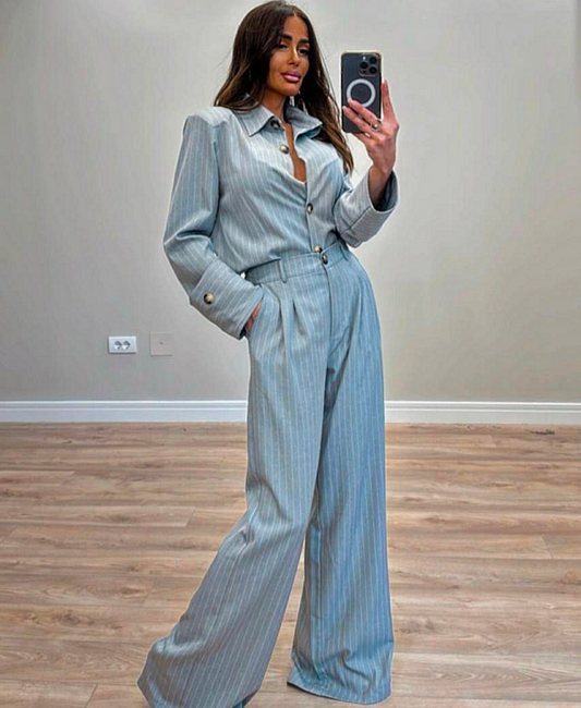 Elegant Striped Trouser Set - Γκρι Άνοιχτο