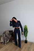 Denim set cropped jacket με ζώνη & ψηλόμεσο cut-out παντελόνι - Dark Blue