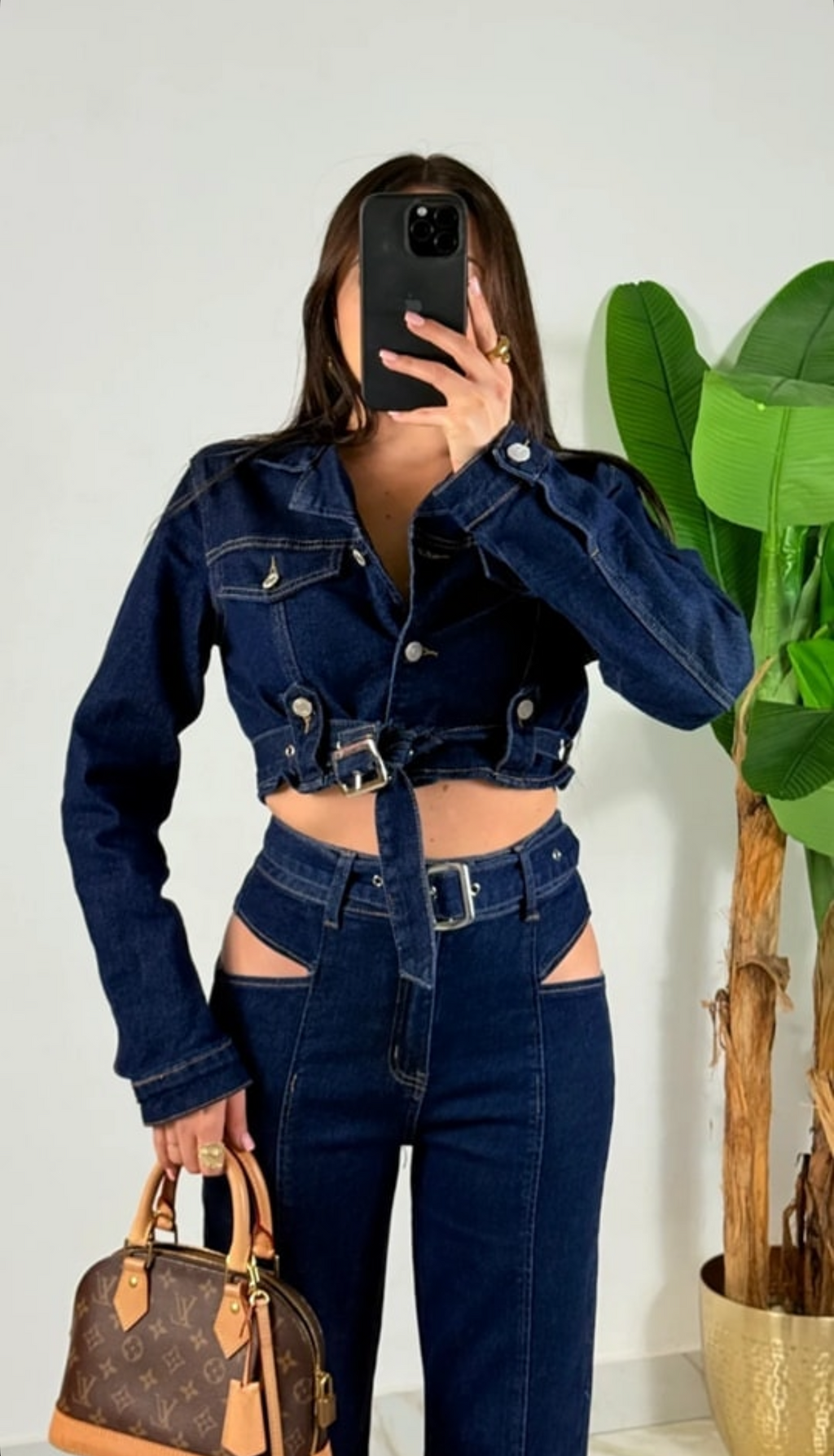 Denim set cropped jacket με ζώνη & ψηλόμεσο cut-out παντελόνι - Dark Blue