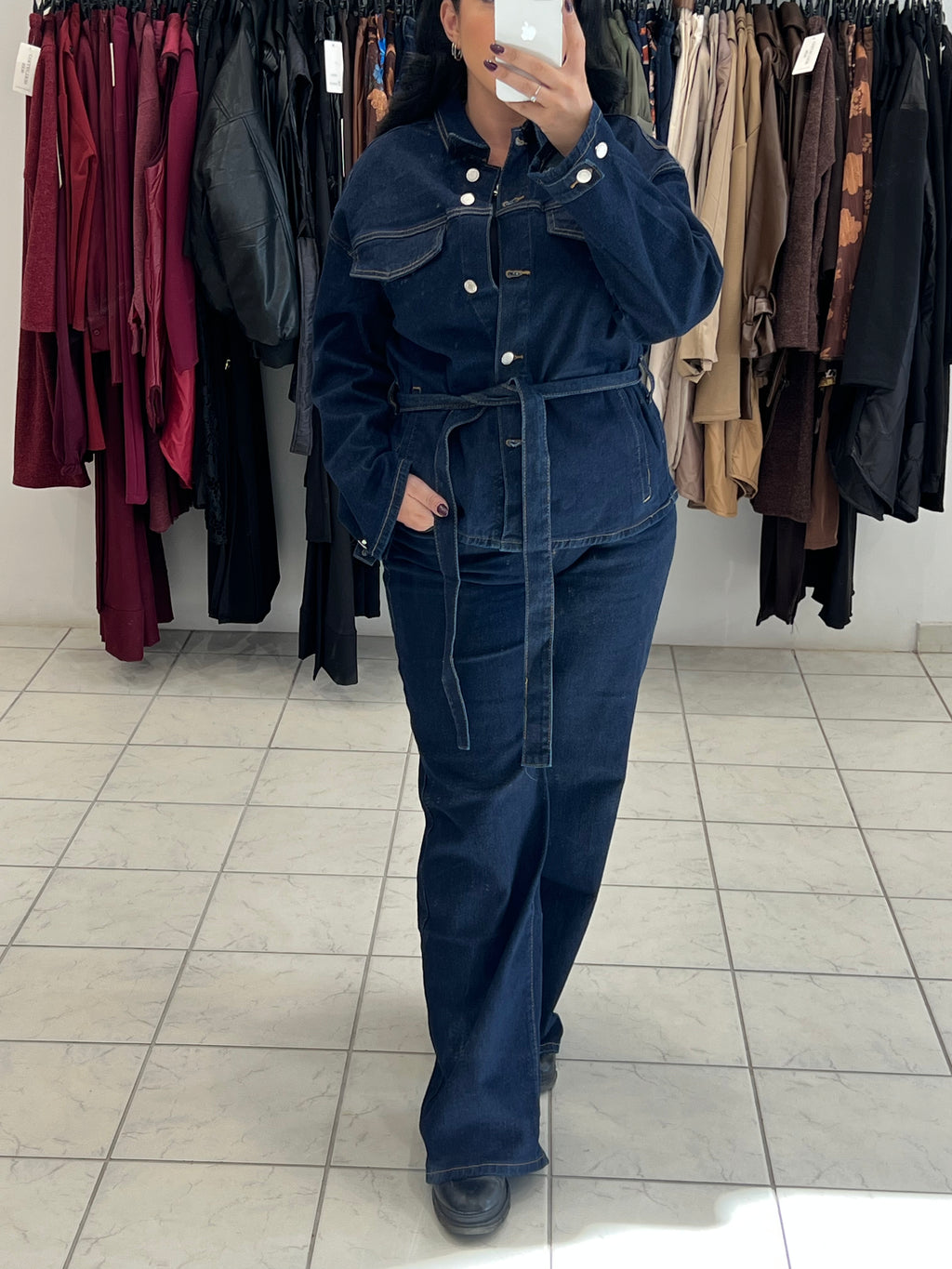 Denim set jacket με ζώνη & παντελόνι σε wide leg γραμμή με τσέπες