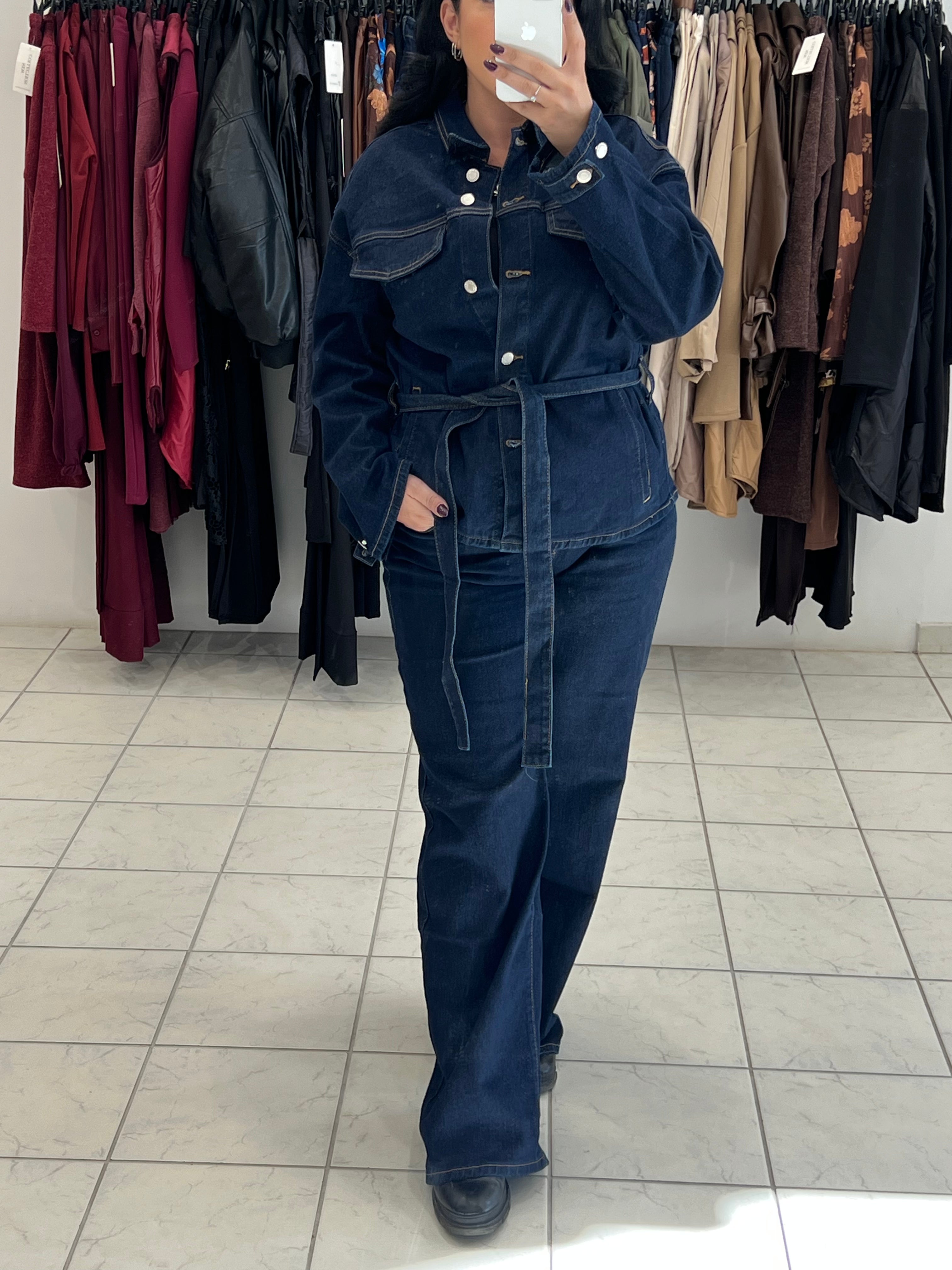 Denim set jacket με ζώνη & παντελόνι σε wide leg γραμμή με τσέπες