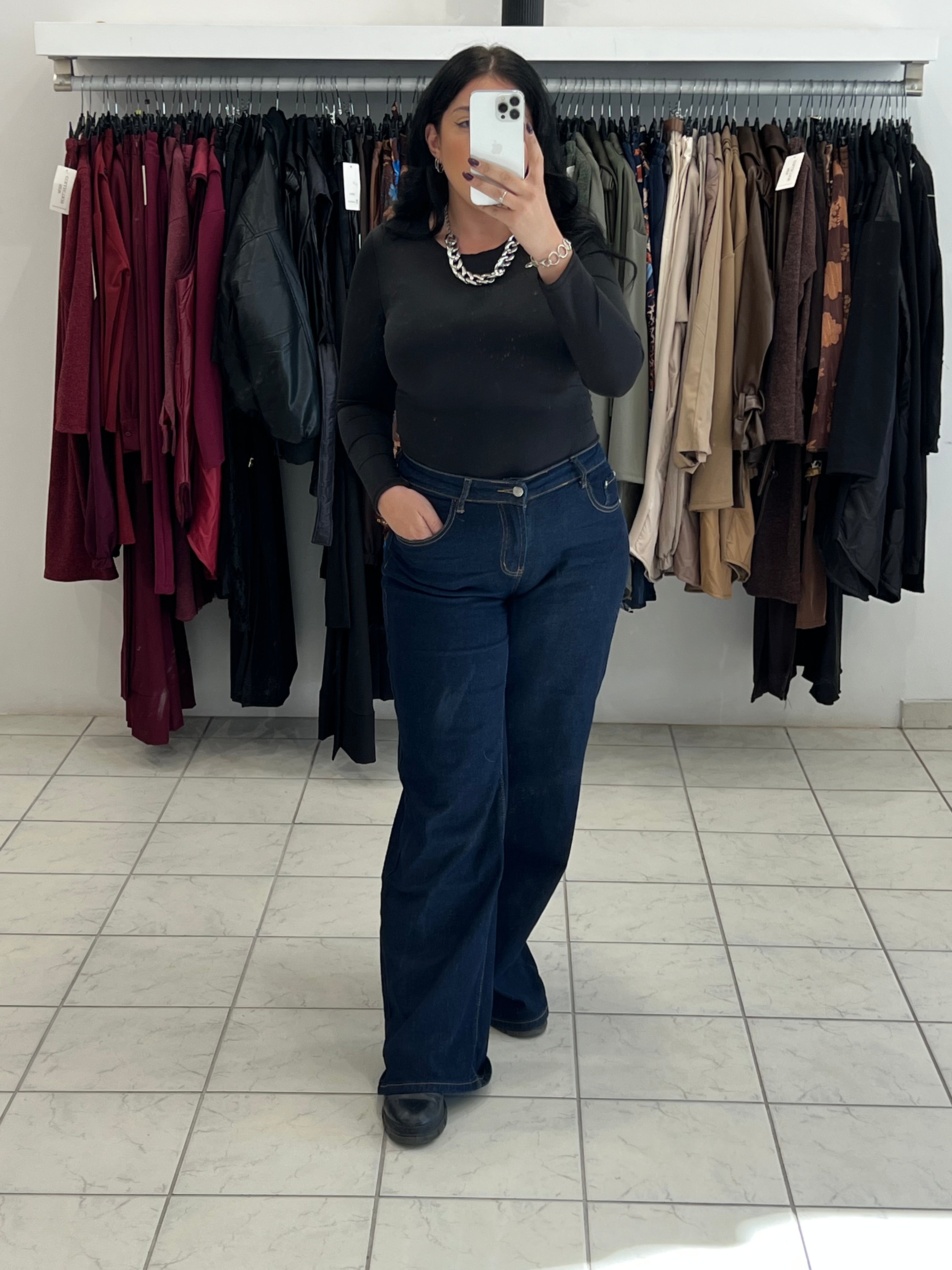 Denim set jacket με ζώνη & παντελόνι σε wide leg γραμμή με τσέπες