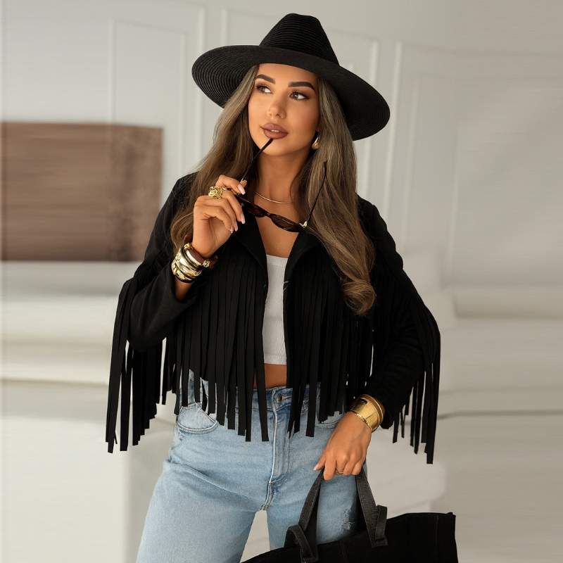 Σουέντ jacket με κρόσσια - Μαύρο