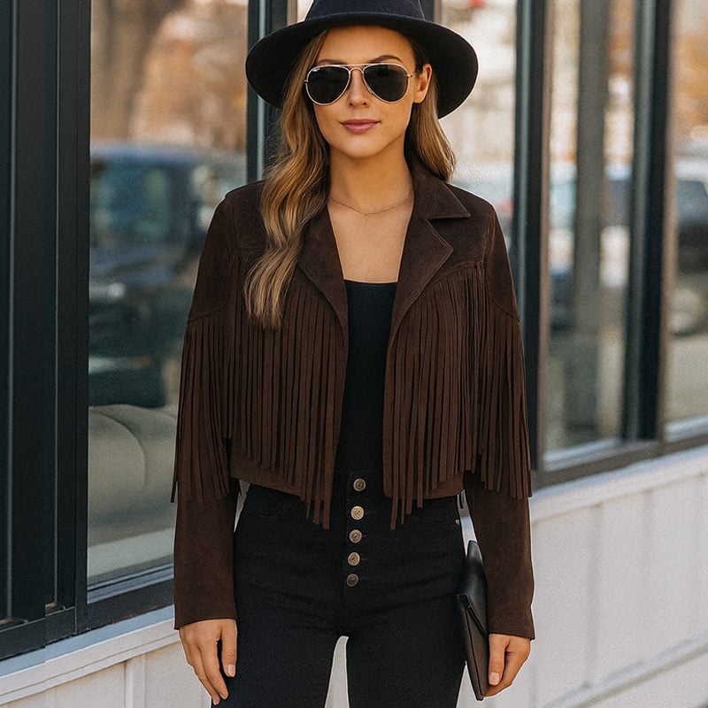 Σουέντ jacket με κρόσσια - Σοκολατί