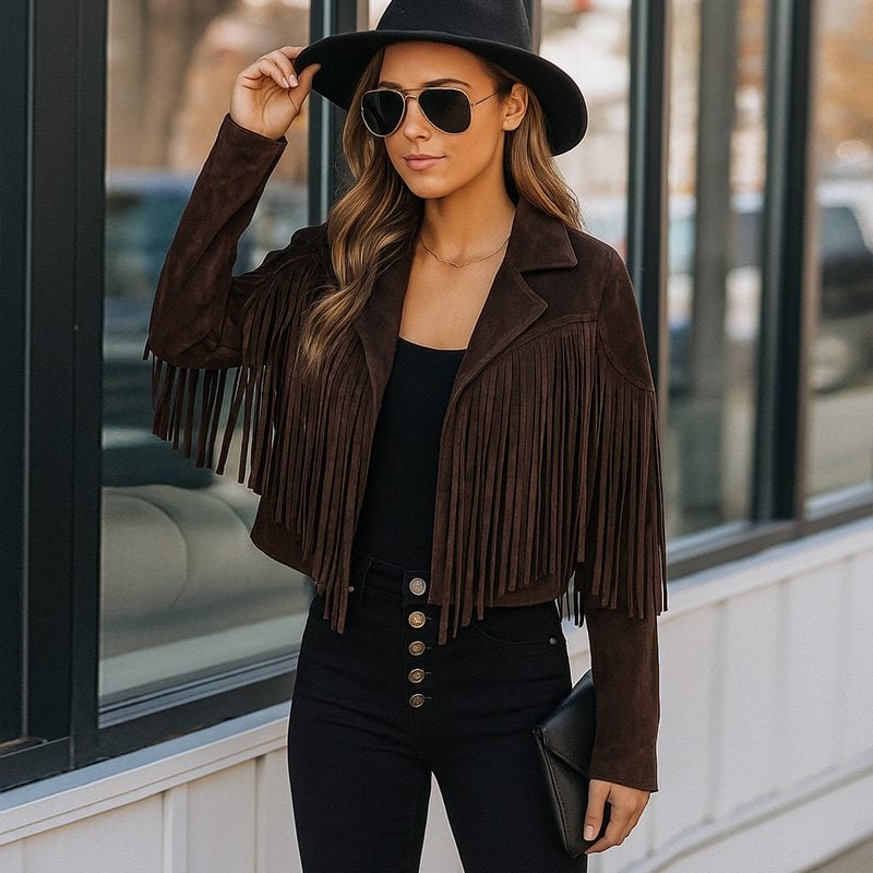 Σουέντ jacket με κρόσσια - Σοκολατί