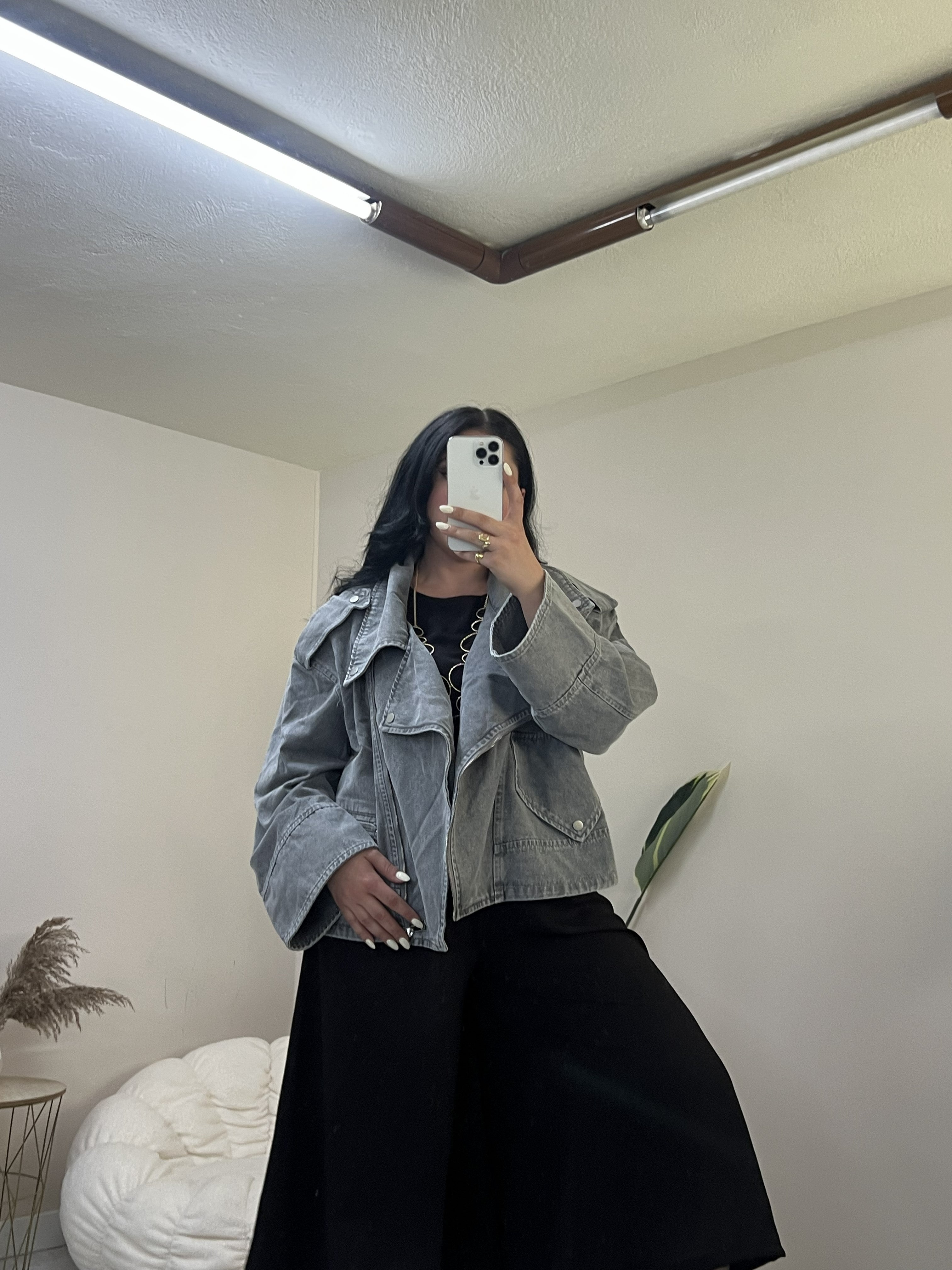 Oversized denim jacket με ασύμμετρο κλείσιμο - Γκρι