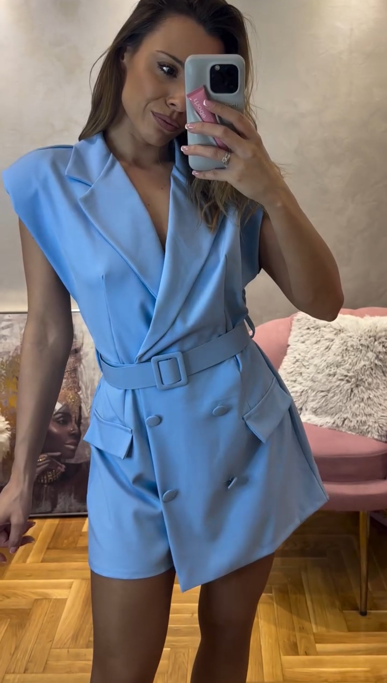 Elegant Belted Romper - Γαλάζιο