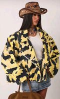 Oversized denim jacket με ασύμμετρο κλείσιμο - Μαύρο με κίτρινο