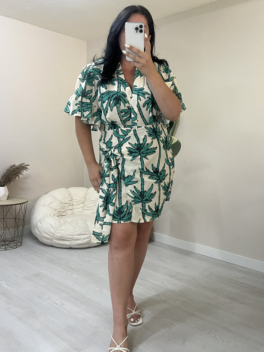 Κρουαζέ λινό φόρεμα με tropical print - Λευκό