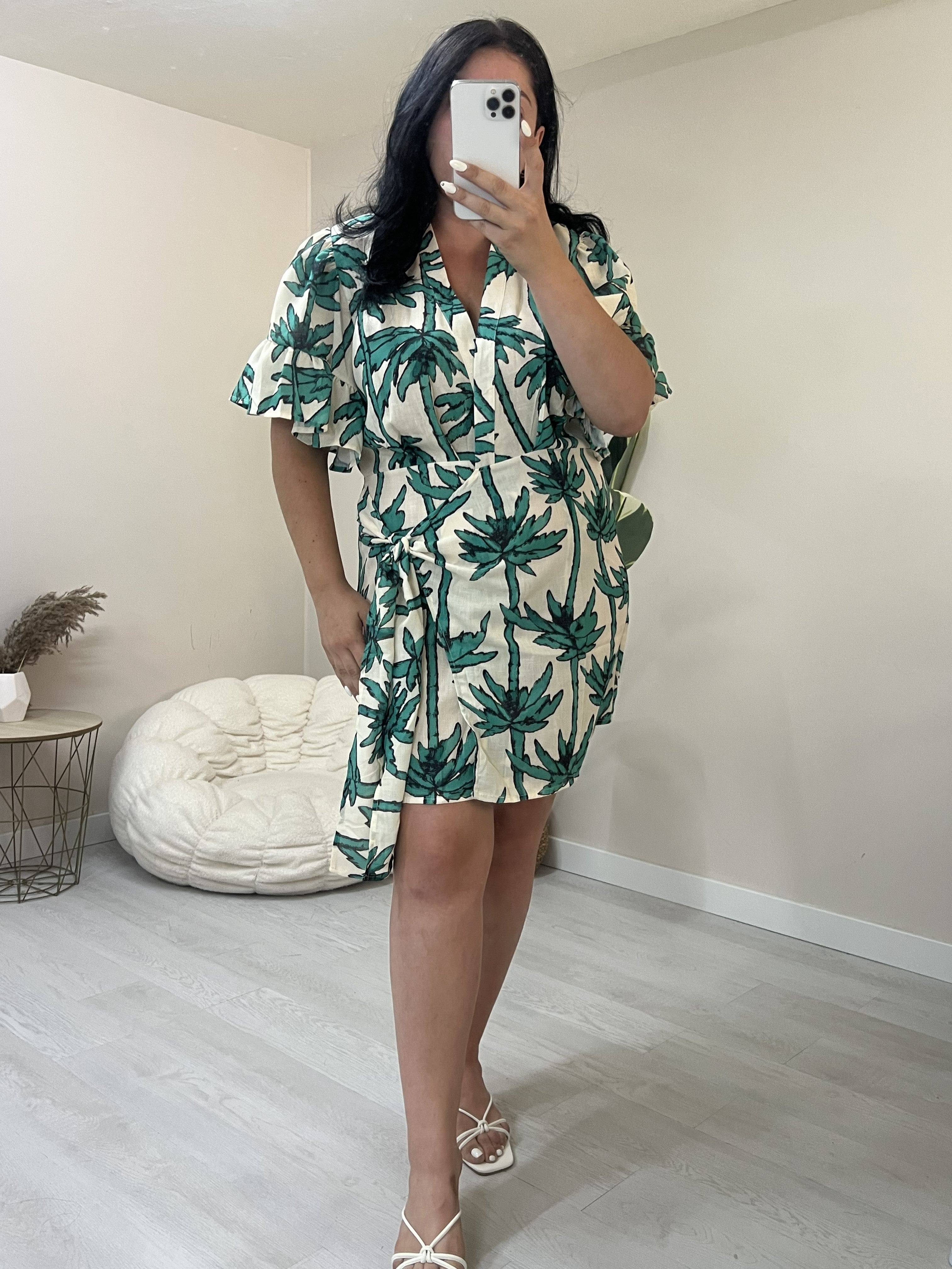 Κρουαζέ λινό φόρεμα με tropical print - Λευκό