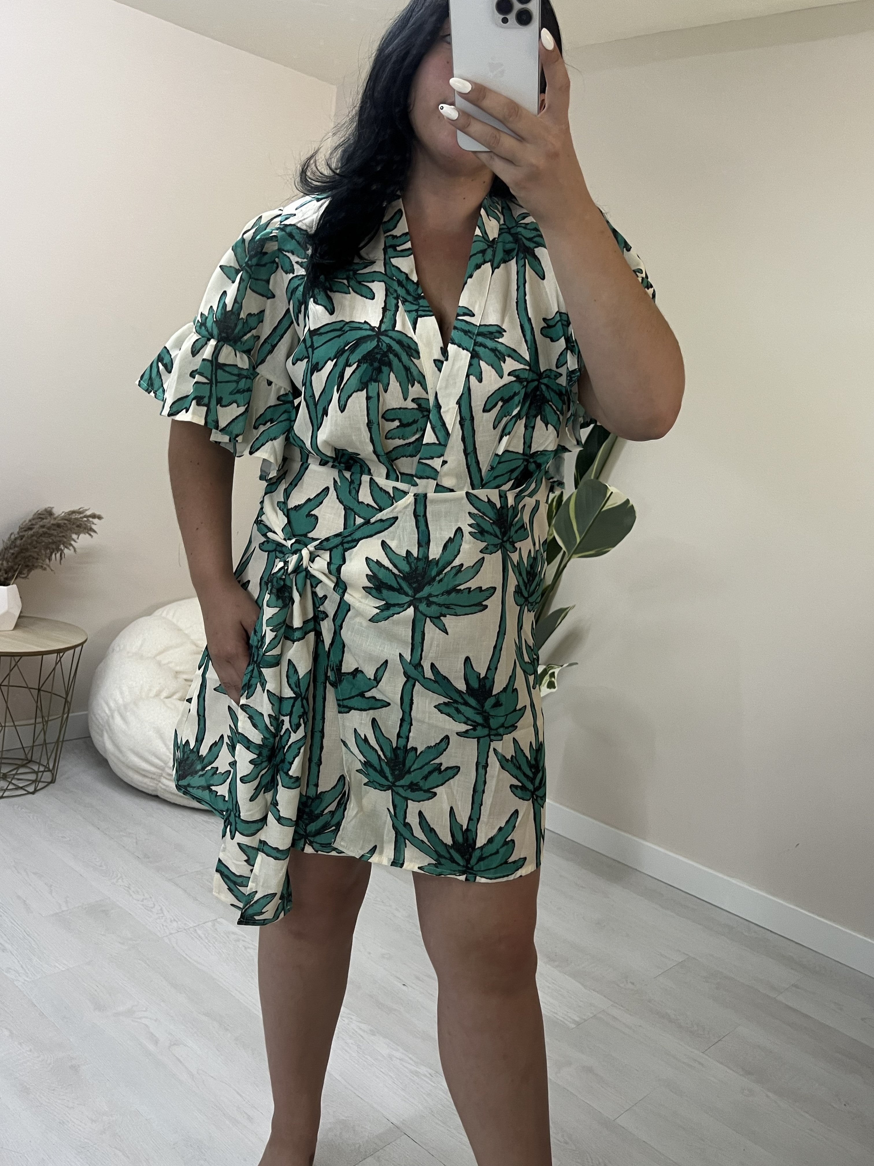 Κρουαζέ λινό φόρεμα με tropical print - Λευκό