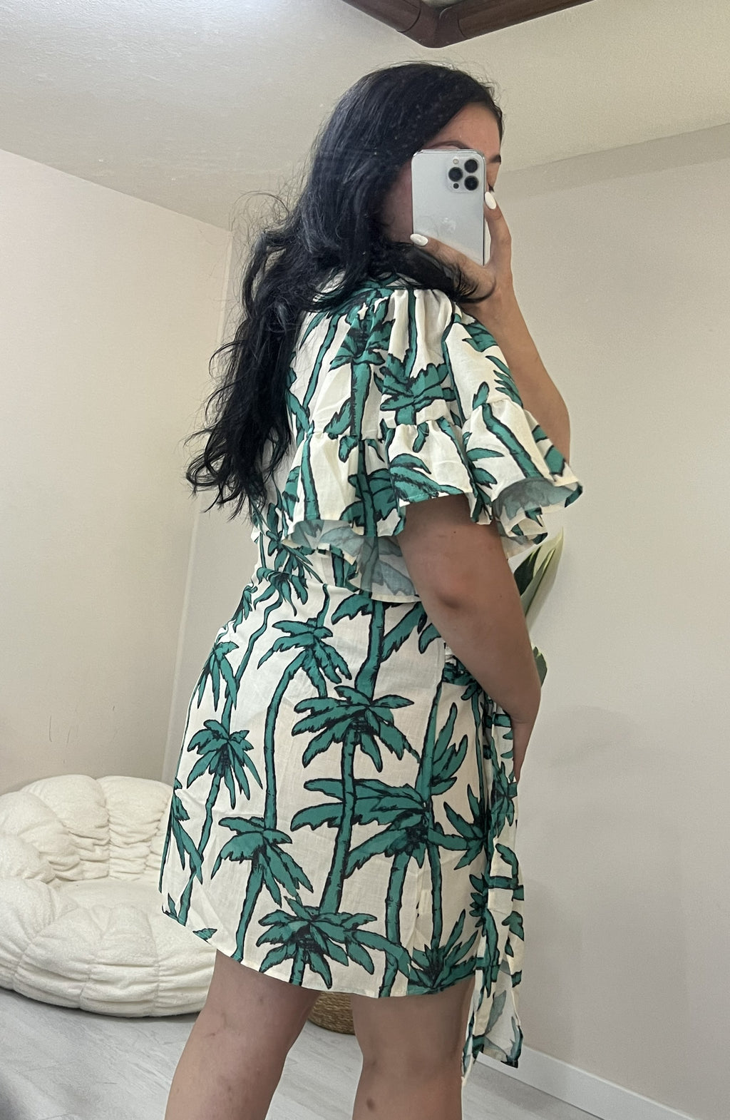 Κρουαζέ λινό φόρεμα με tropical print - Λευκό